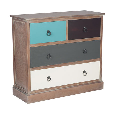 Loft pine chest of 4 drawers, 72cm tall, with mismatched blue, plum, grey and white drawer fronts and black ring handles, shown on a plain white background.