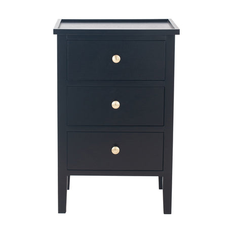 Chelmsford Satin Black Pine 3 Drawer Unit, a small chest of drawers with a raised gallery top and round brass knobs, shown against a plain white background.