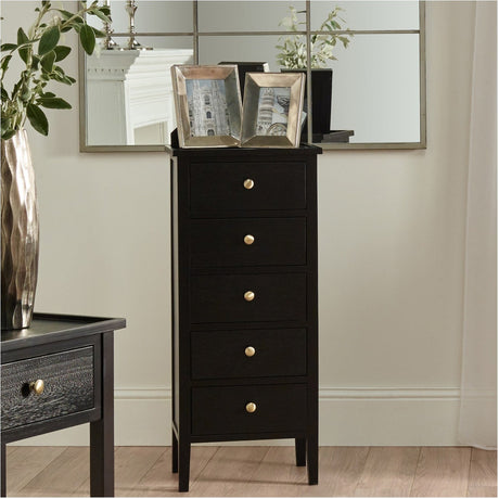 Chelmsford Satin Black Pine 5 Drawer Tall Unit - 98cm