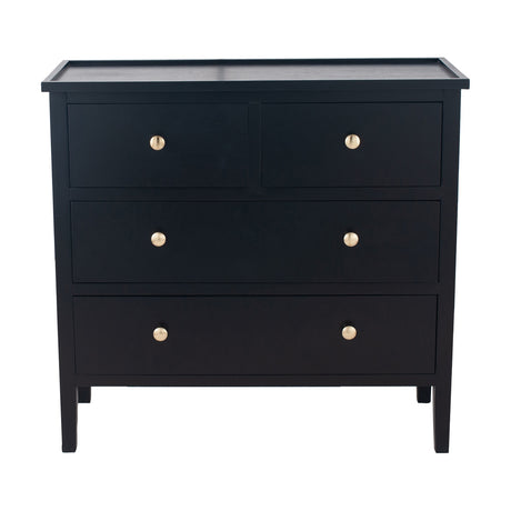 Chelmsford satin black pine 4-drawer chest with raised gallery top and gold-tone round knobs, tapered legs, shown on a plain white background.