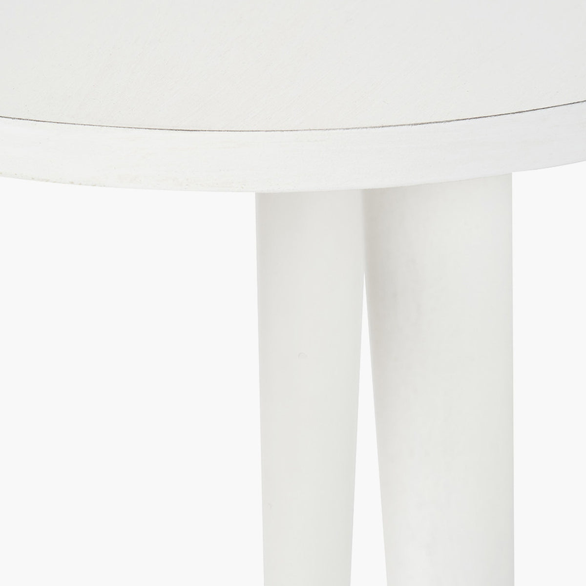 Close-up of the Croft Linen Pine Side Table, 42cm, showing the round white-finished top edge and two tapered cylindrical legs against a plain white background.