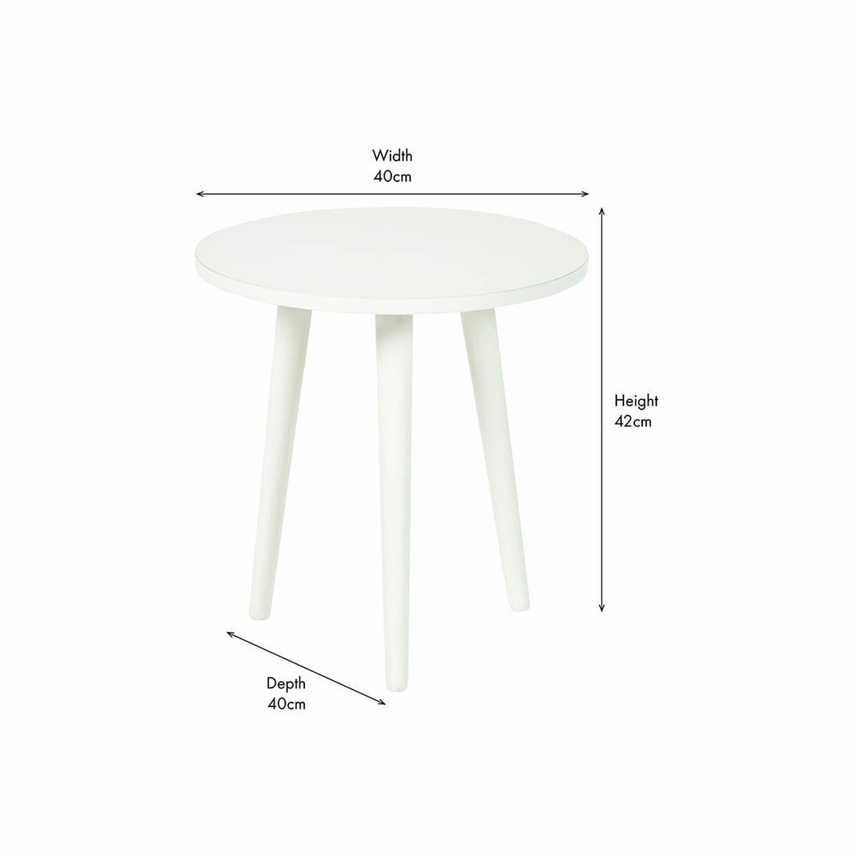 Croft Linen Pine Side Table with round white top and three angled tapered legs, shown with dimension guide: 40cm width, 40cm depth, 42cm height, on a white background.