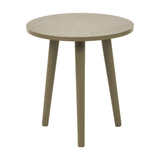Round olive green side table with a solid pine top and three tapered splayed legs, 42cm tall, shown on a plain white background.