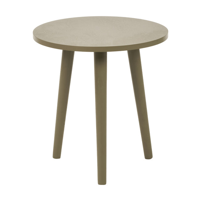 Round olive green side table with a solid pine top and three tapered splayed legs, 42cm tall, shown on a plain white background.