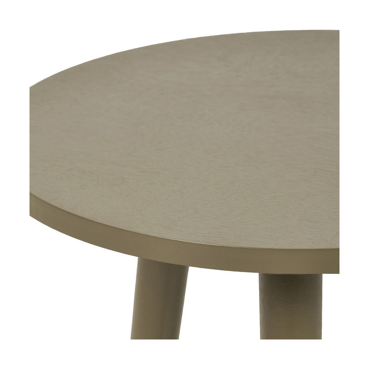 Close-up of the Croft Olive Pine Side Table showing the round wood top with visible grain, tapered edge, and two rounded legs in a green-toned finish.