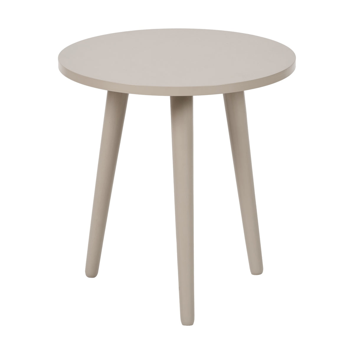 Devonshire Putty Pine Side Table, 42cm, round wood top on three splayed legs, beige finish, shown on a plain white background.