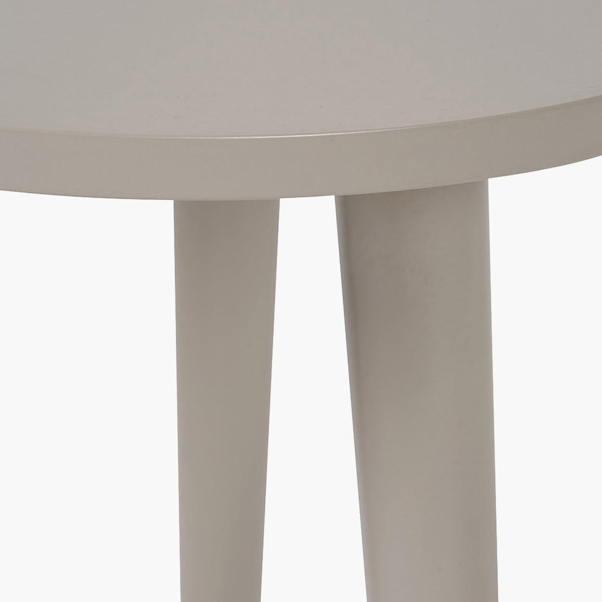 Close-up of the Devonshire Putty Pine Side Table, 42cm, showing the round wood top edge and tapered tripod legs in a putty beige finish.