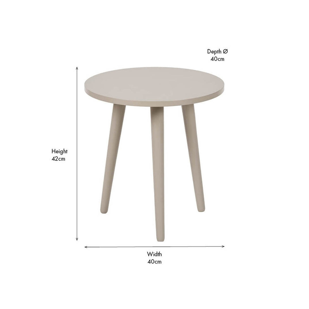 Devonshire Putty Pine Side Table with round wood top and three angled tapered legs, shown with dimension markers (height 42cm, width and depth 40cm) on a white background.