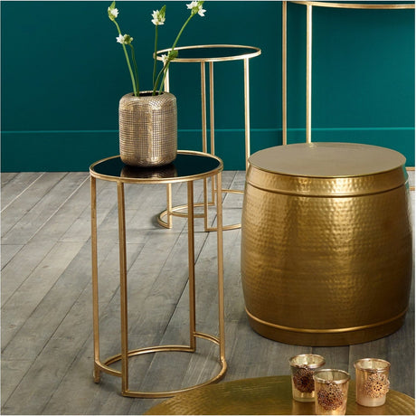 Veneziano Set of 2 Antique Gold Iron & Black Glass Side Tables - 66cm