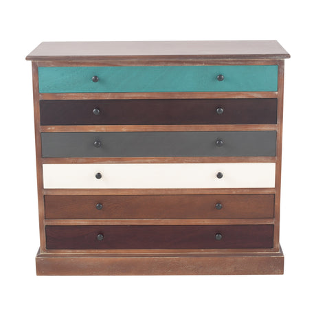 Loft Blue Multicoloured Pine 6 Drawer Unit, wooden chest with teal, brown, grey and white fronts, black knobs, plinth base, on a plain white background.