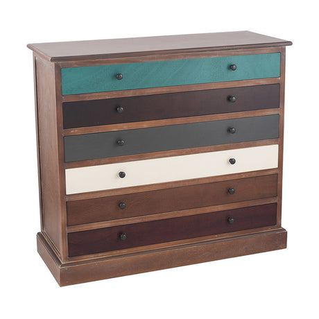 Loft Blue Multicoloured Pine 6 Drawer Unit with teal, dark brown, grey, cream and brown drawer fronts, black knobs, and a plinth base, shown on a plain white background.