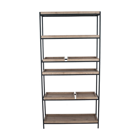 Gallery Wood Veneer & Black Iron 5 Shelf Shelving Unit, 184cm tall, with natural wood-effect shelves and a black metal frame, shown against a plain white background.