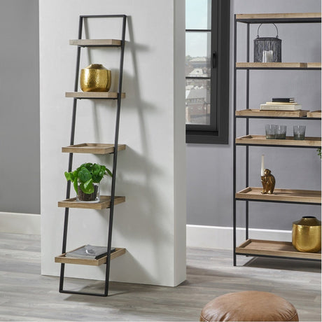 Gallery Wood Veneer & Black Iron 5 Shelf Ladder Shelving Unit - 181cm