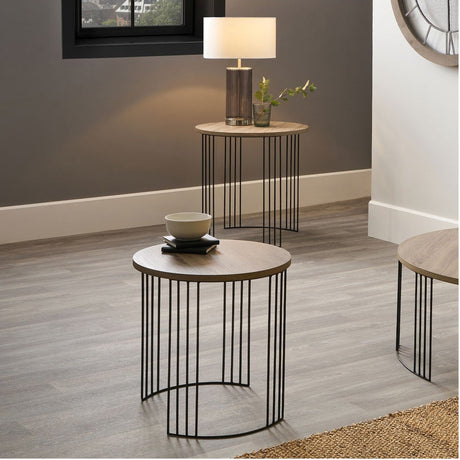 Atri Set of 2 Dark Oak Wood Veneer & Black Iron Side Tables - 55cm