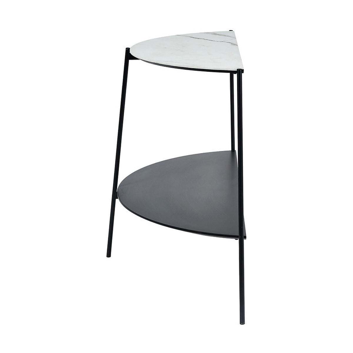Marchello console table with a half-moon white marble veneer top and matching black metal shelf below, set on slim black iron tripod legs against a plain white background.