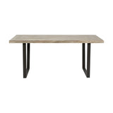 Marca Sand Wash Acacia & Black Iron Dining Table, rectangular wood top with parquet-style grain on black metal U-shaped legs, shown on a plain white background.