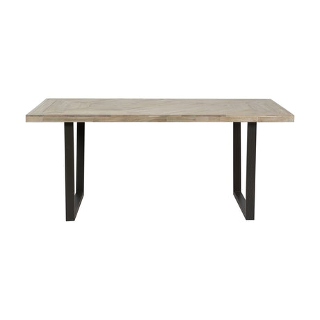 Marca Sand Wash Acacia & Black Iron Dining Table, rectangular wood top with parquet-style grain on black metal U-shaped legs, shown on a plain white background.