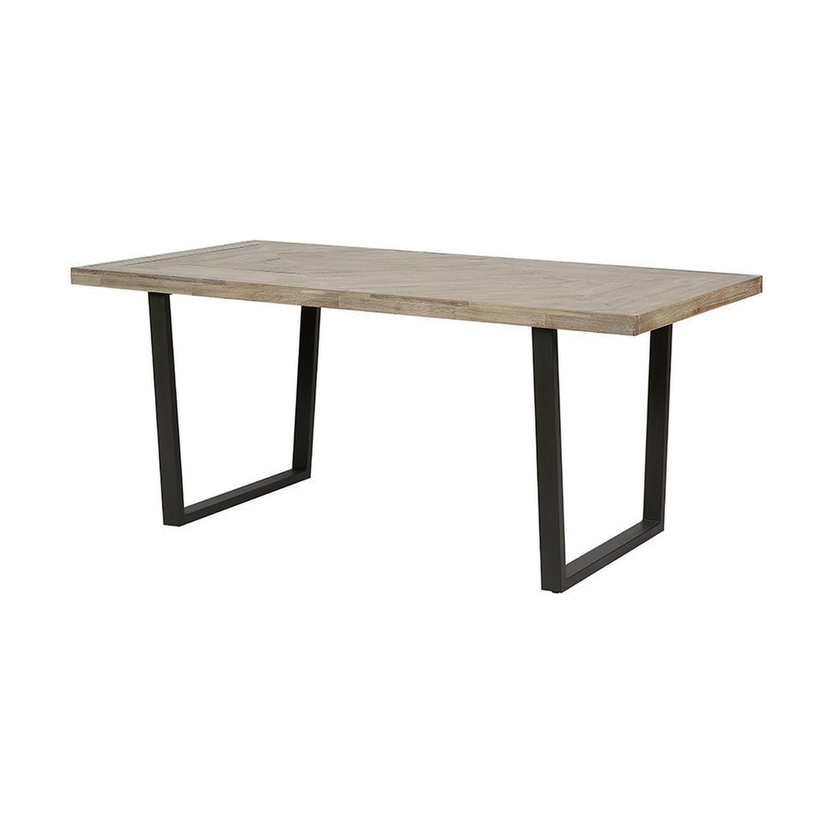 Marca dining table with sand wash acacia wood top and angled black iron legs, shown at an angle on a plain white background.