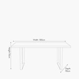 Line drawing of the Marca Sand Wash Acacia & Black Iron Dining Table showing dimensions: 180cm width, 90cm depth, and 76cm height, with black iron legs.