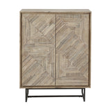 Marca Sand Wash Acacia & Black Iron 2 Door Bar Cabinet, wood cabinet with geometric parquet door panels and black metal base, on a plain white background.
