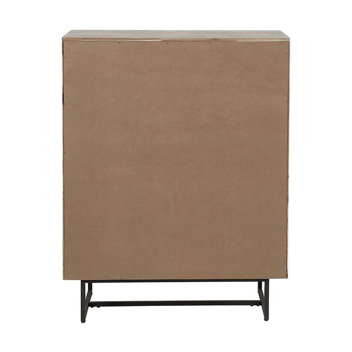 Rear view of the Marca 2 door bar cabinet showing plain sand wash panel back and black iron angled legs against a white background.