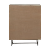 Rear view of the Marca 2 door bar cabinet showing plain sand wash panel back and black iron angled legs against a white background.