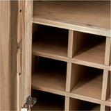Close-up of the Marca sand wash acacia bar cabinet's open door, showing wood-grain interior with square storage cubbies and a visible metal hinge.