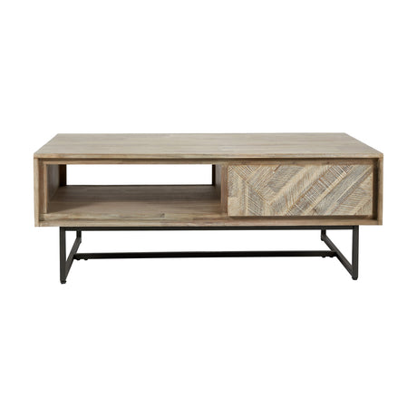 Marca sand wash acacia coffee table with black iron base, featuring an open shelf and a herringbone-patterned drawer front, shown on a plain white background.