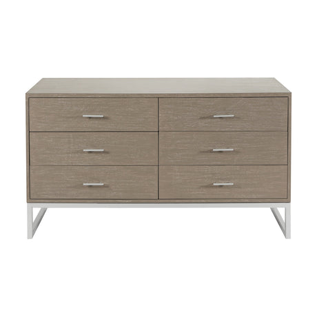 Ambroso Grey Wash Mango & Silver Iron 6 Drawer Unit, a wide chest of drawers with six drawers and silver bar handles on a metal frame base, shown on a plain white background.