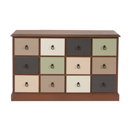 Loft Sage chest of drawers with 12 multicoloured pine drawer fronts in sage, cream, taupe and grey tones, dark wood frame and ring pulls, on a plain white background.