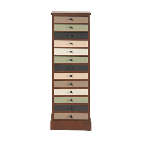 Tall narrow chest of drawers, 109cm, with 13 multicoloured drawers in sage green, cream, taupe and black on a brown wood frame, plain white background.