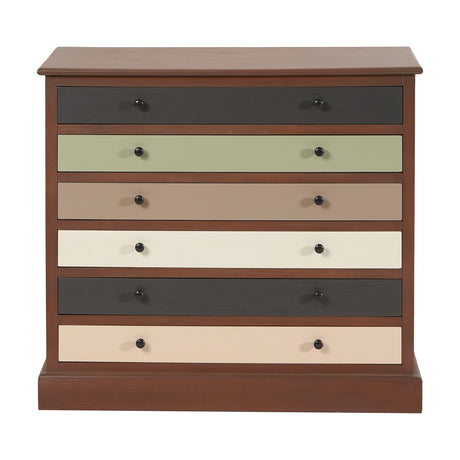Loft Sage chest of drawers with six multicoloured drawers in black, green, taupe, cream and blush tones, pine wood frame with brown finish, black knobs, on a plain white background.