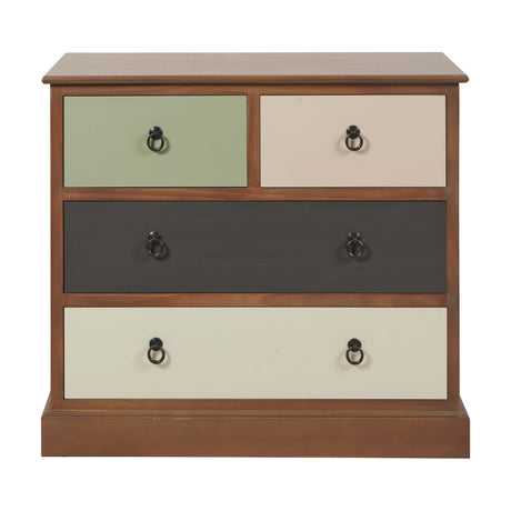 Loft Sage Multicoloured Pine 4 Drawer Unit, a wooden chest with sage green, cream, and dark grey drawer fronts, black ring pulls, and a plinth base, shown on a plain white background.