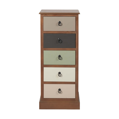 Tall pine chest of five drawers with dark ring pulls, drawer fronts in taupe, black, sage green, cream and beige, on a wooden plinth base, plain white background.