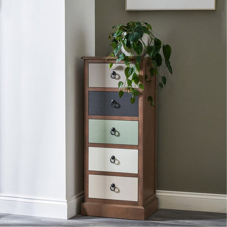 Loft Sage multicoloured pine 5-drawer unit, 101cm tall narrow chest with beige, black, green and cream fronts, ring pulls, and wooden frame, styled with a trailing plant on top.