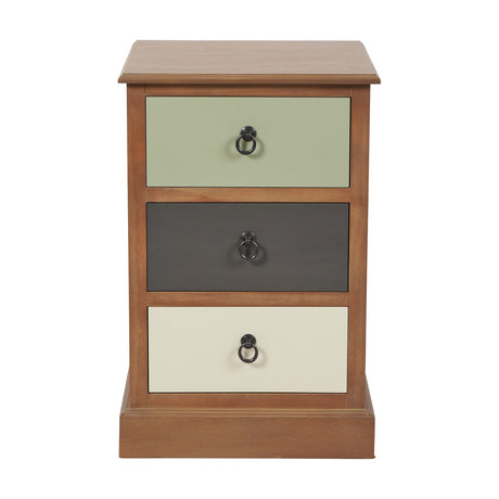 Loft Sage Multicoloured Pine 3 drawer unit, 66cm chest of drawers in wood with sage green, dark grey and cream drawer fronts and black ring handles, on a plain white background.