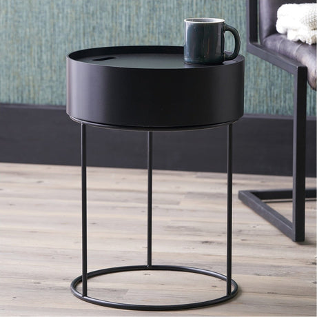 Hugo Black Wood Veneer & Iron Storage Side Table - 51cm