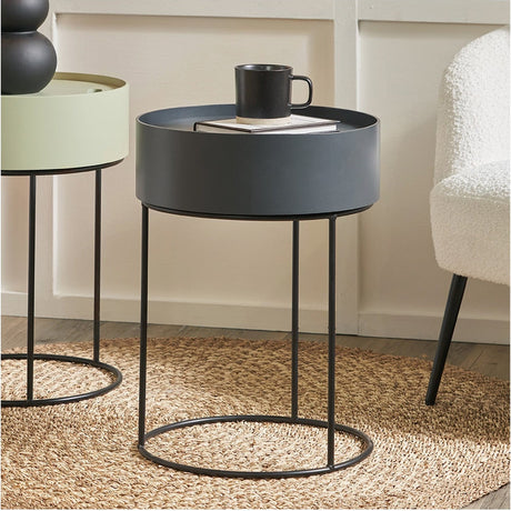 Hugo Dark Grey Wood Veneer & Black Iron Storage Side Table - 51cm