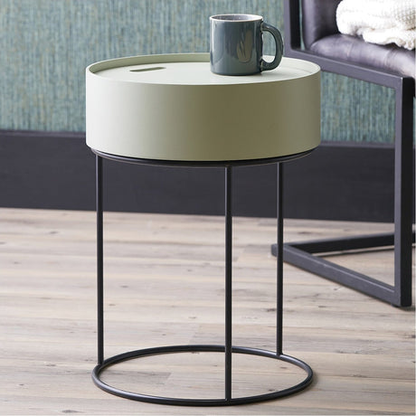 Hugo Sage Green Wood Veneer & Black Iron Storage Side Table - 51cm