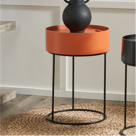 Hugo Tobacco Wood Veneer & Black Iron Storage Side Table - 51cm