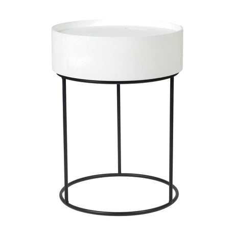 Hugo side table with round white wood veneer drum top on a black iron round-base frame, shown on a plain white background.