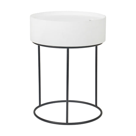 Hugo side table with round white wood veneer top and black iron frame featuring a circular base ring, shown on a plain white background.