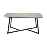Ukiah Grey Oak Veneer & Black Iron Dining Table with rounded rectangular top and crossed metal legs, shown on a plain white background.