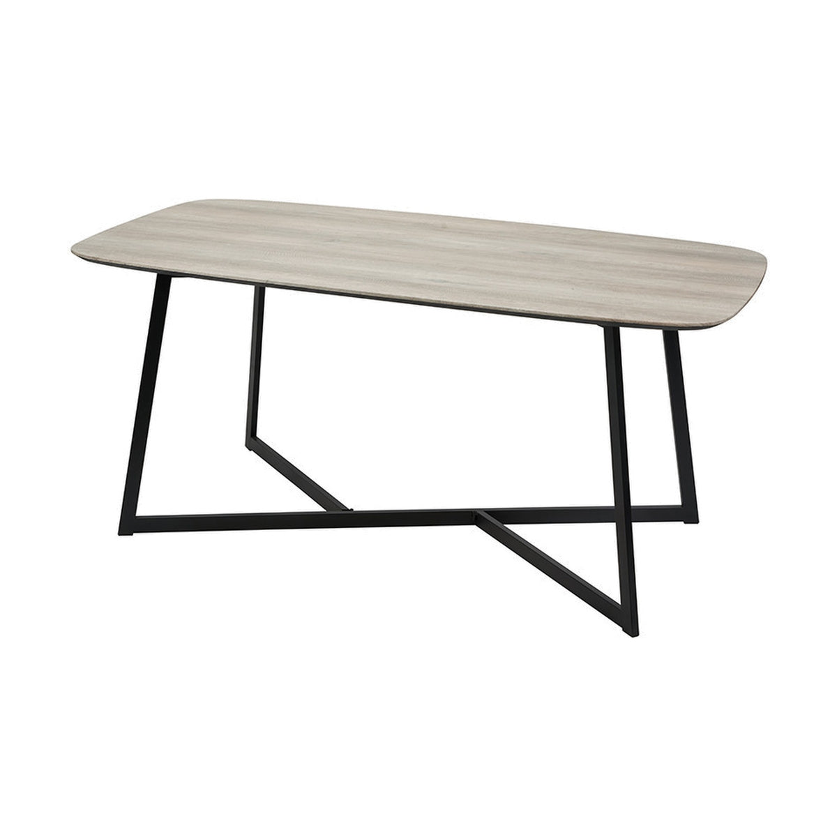 Ukiah rectangular dining table with grey oak veneer top and black cross-strut iron base, shown on a plain white background.