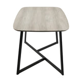 Ukiah Grey Oak Veneer & Black Iron Dining Table with rounded rectangular top and criss-cross metal legs, shown on a plain white background.