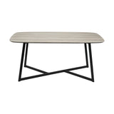 Ukiah rectangular dining table with grey oak veneer top and black iron cross-frame base, shown on a plain white background.