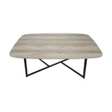 Ukiah dining table with rounded rectangular grey oak veneer top and black crossed iron base, shown on a plain white background.