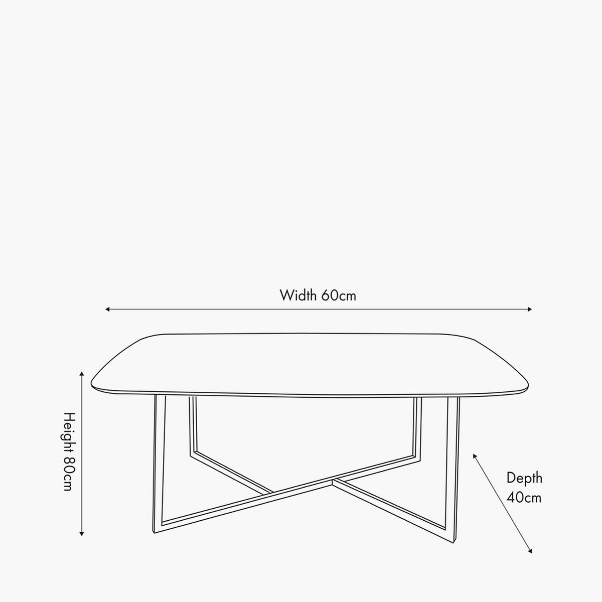 Line drawing of the Ukiah dining table showing grey oak veneer top and black iron cross-brace base, labelled 60cm width, 40cm depth, 80cm height.