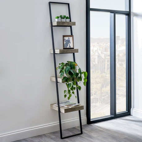 Jersey Concrete Effect Wood Veneer & Black Metal 4 Shelf Shelving Unit
