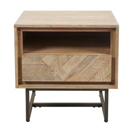 Marca Sand Wash Acacia 1 Drawer Shelf Shelving Unit, 55cm, with an open shelf and patterned herringbone-style drawer front on splayed metal legs, shown against a plain white background.